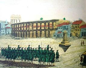 ПлощадьБра в 1746 году с памятником, прославляющим  Венецию