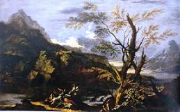 Сальватор Роза, пейзаж с озером, горами и пятью солдатами, около 1656