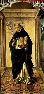 Святой Пётр Мученик Веронский изображается с тесаком в голове, книгой и пальмовой ветвью