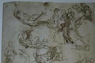 Вехняя часть рисунка с Аллегорией 4 и эскизами распростёртого  мужчины