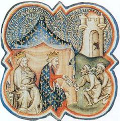 Вручение победителям ключей от города Акри на миниатюре 13 века