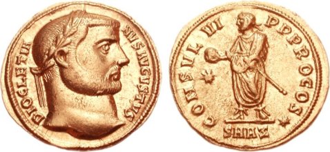 Золотой аурелий Диоклециана, Антиокья, 5,3 грамма Диоклециан со скипетром и сферой на реверсе монеты