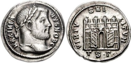 Аржентус - редкая монета 302 года, на реверсе - четыре башни и открытые городские ворота