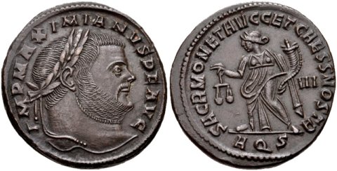 Бронзовый фоллис 302-303гг, Аквилея Богиня Монета с весами и рогом изобилия на реверсе
