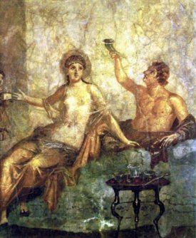 Сцена банкета на фреске в Помпеи - пьет только мужчина