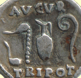 Реверс монеты Денарий Веспасиана, слева - симпу