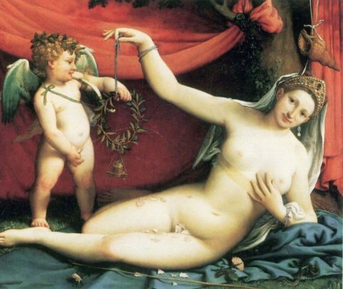 Венера и Купидон, Лоренцо Лотто - купидон изображен писающим 