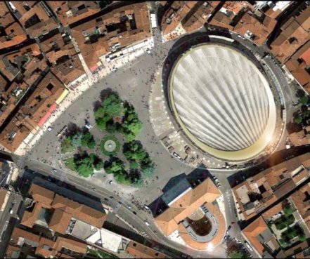 Вид сверху площади Бра, Арена напоминает крышку от унитаза?